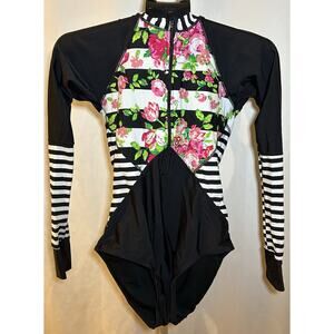 Front Zipper Long Sleeve Rash Guard Floral Swimsuit Women's size S